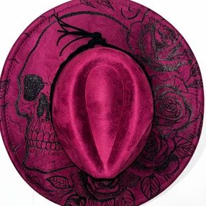 Elegant hand burned Magenta Skull and Rose vintage style wide brim fedora